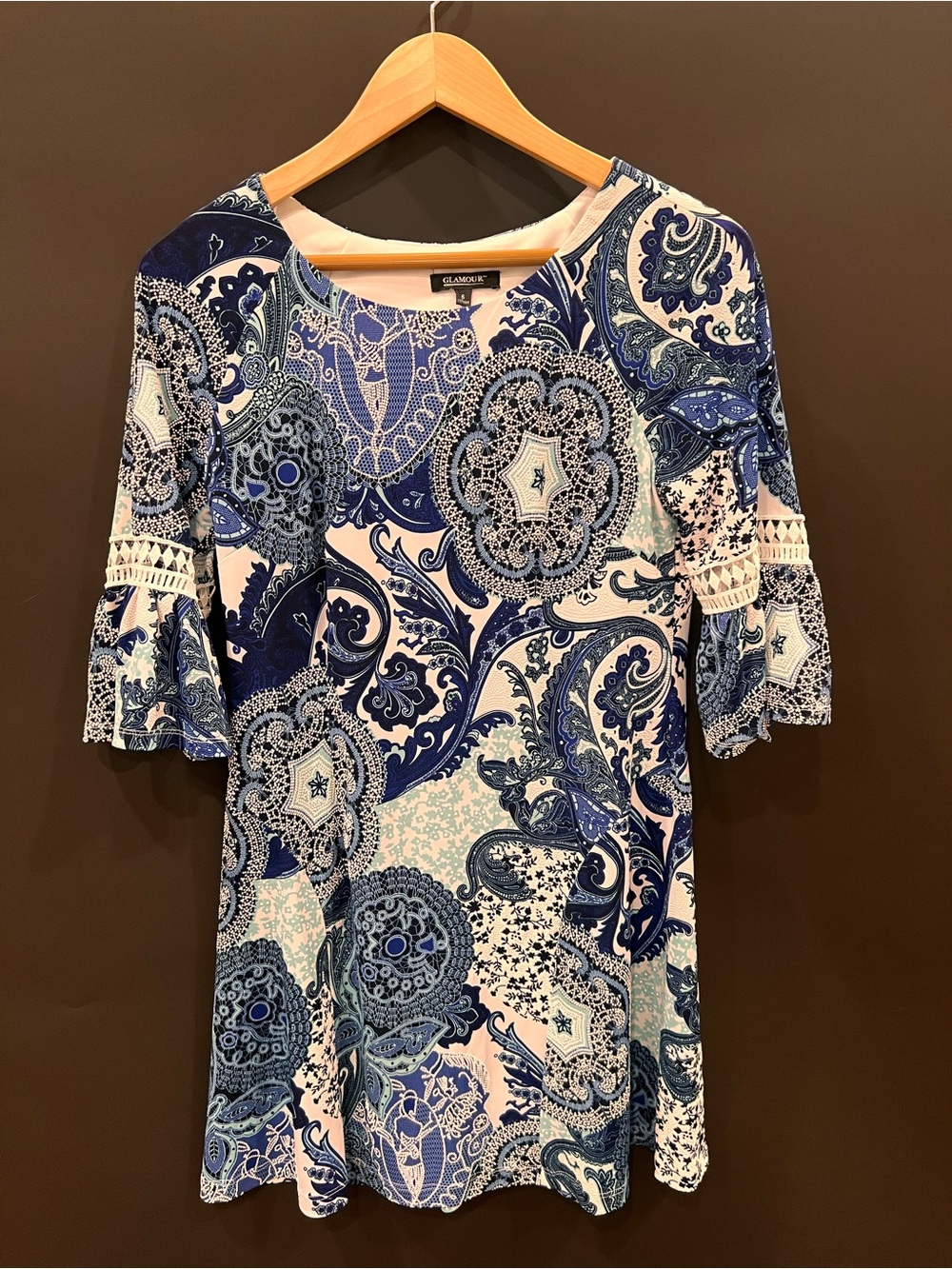 Glamour Blue Paisley Bell-Sleeve Short Dress